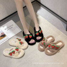 Fancy New Design Strawberry Pattern Crisscross Fluffy Slippers Flat Shoes and Slippers for Women